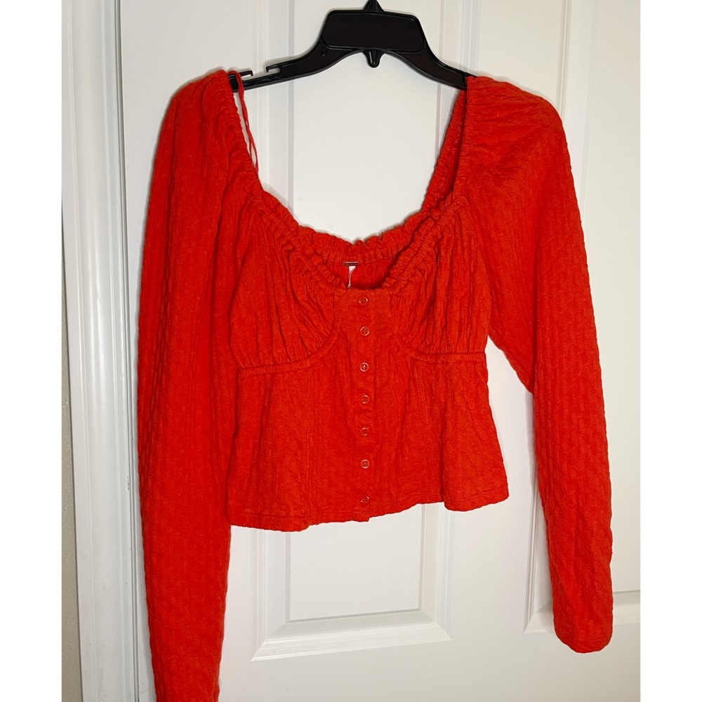 Free People Ladybug Long Sleeve Button Front Top Corset Textured
